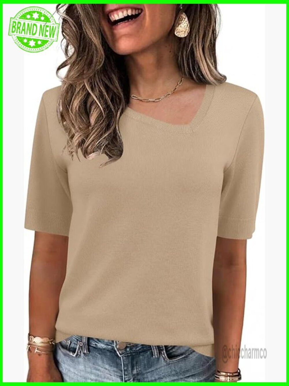 Short Sleeve V-Neck Pullover Sweater Asymmetrical Neckline Lightweight Summer